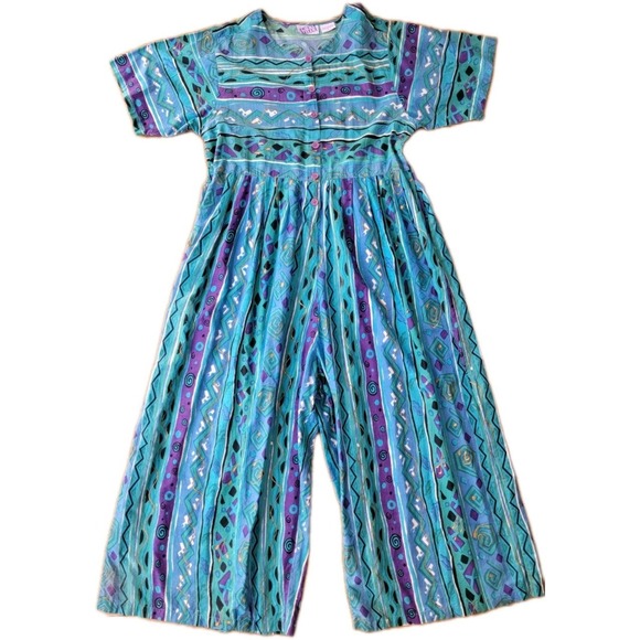 80s 90s BOHO Wide Leg Jumpsuit Lagenlook Artsy Sz Lg Colorful Abstract Baggy